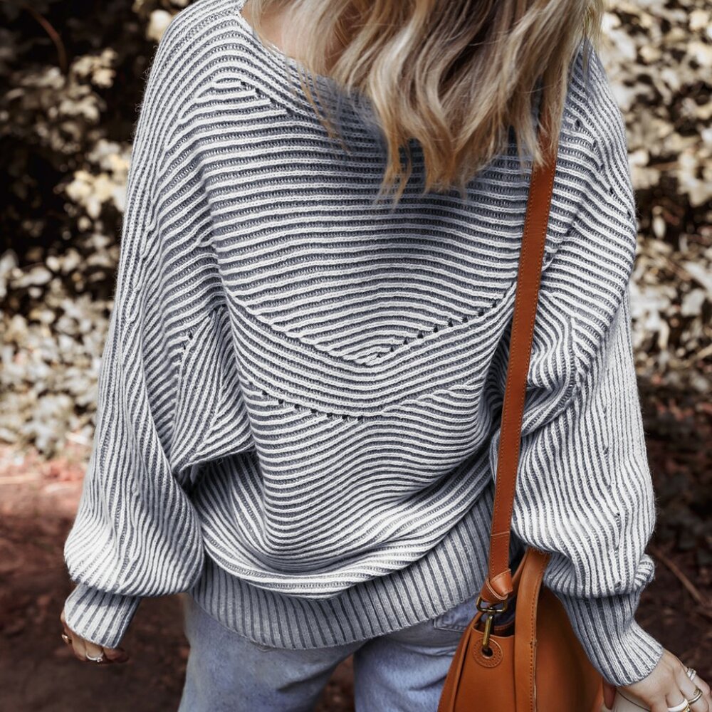 B309 Ashleigh Blue Striped Print Ribbed Knit Boat Neck Baggy Sweater - Picture 3 of 9
